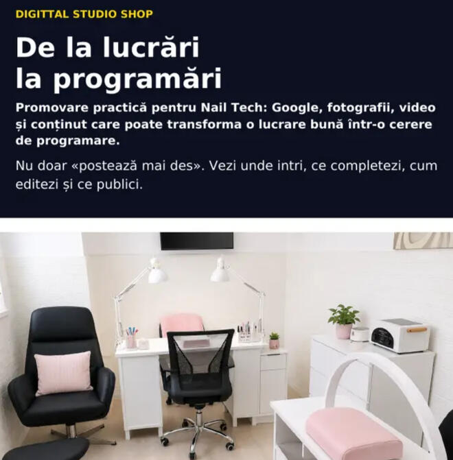 Copertă ghid De la lucrări la programări pentru Nail Tech Ghid practic de promovare pentru tehnicienele de unghii, cu Profil Google, fotografie, video și conținut orientat spre programări.