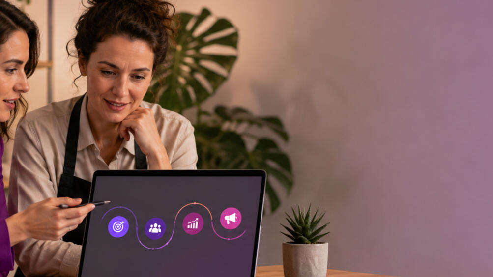 Consultantă Digittal Studio discutând o strategie de promovare digitală cu o profesionistă independentă.